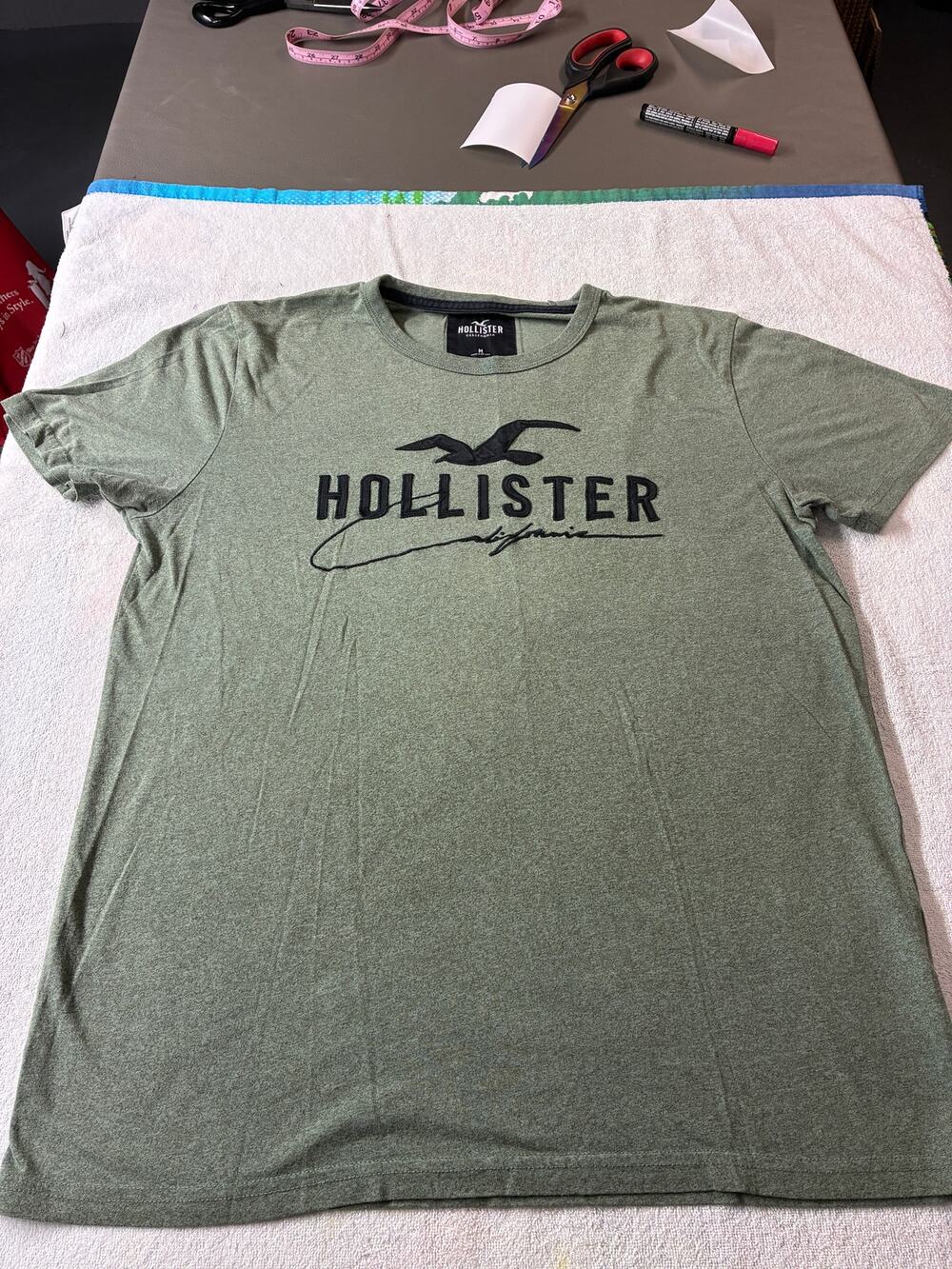 Hollister California Olive Green Embroidered Logo T-Shirt Men's Medium Crew Neck